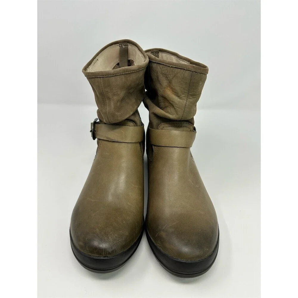 BOGS Cassie Low Slouch Mid-Calf Riding Boots Taupe/Olive Buckle Strap Wedge 9.5